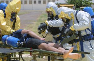 hazmat civil_support_team_(wmd_cst)_scan_a_survey_team_member_for_nerve_or_blister_agents_with_chemical_detection_equipment_during_a_casualty_evacuation_drill